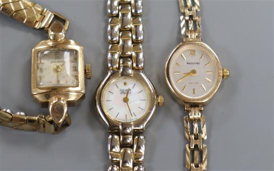 A ladys 9ct gold Accurist wrist watch on 9ct strap and two other wrist watches including a 9ct gold cased Helvetia.